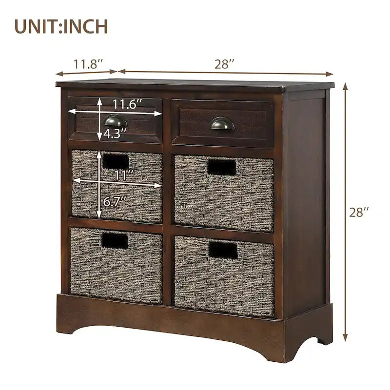 Meuble de rangement rustique avec deux tiroirs et quatre paniers classiques en rotin pour salle à manger/entrée/salon