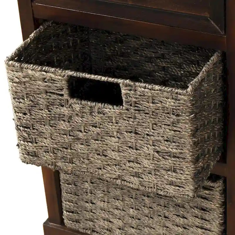 Meuble de rangement rustique avec deux tiroirs et quatre paniers classiques en rotin pour salle à manger/entrée/salon