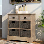 Meuble de rangement rustique avec deux tiroirs et quatre paniers classiques en rotin pour salle à manger/entrée/salon