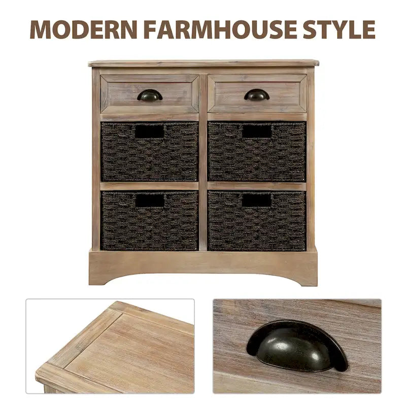 Meuble de rangement rustique avec deux tiroirs et quatre paniers classiques en rotin pour salle à manger/entrée/salon
