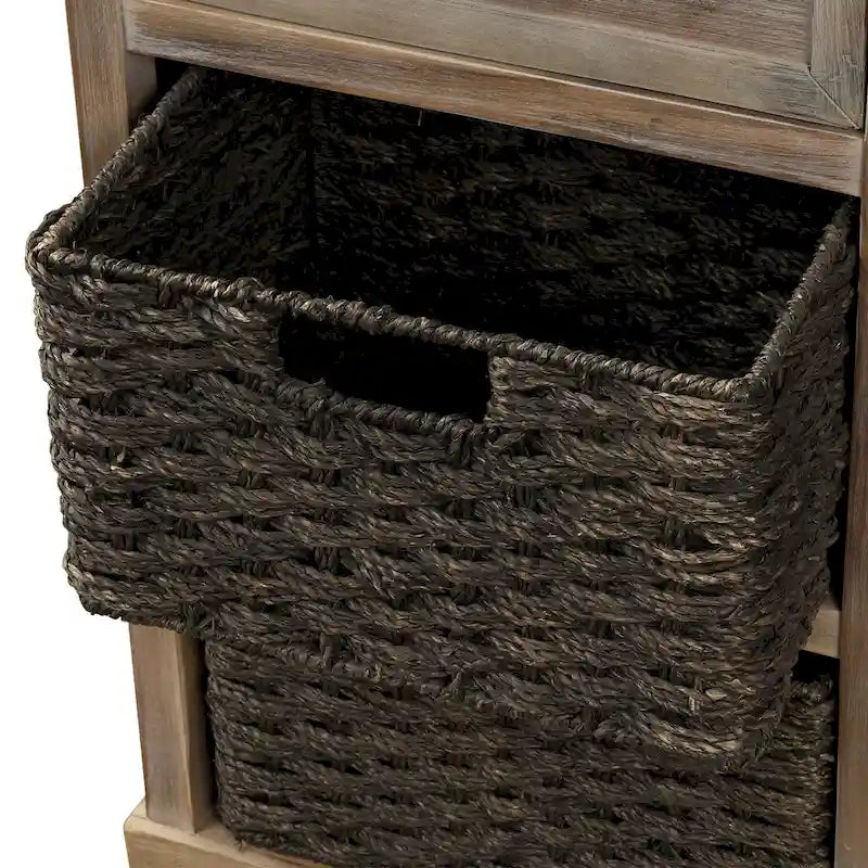 Meuble de rangement rustique avec deux tiroirs et quatre paniers classiques en rotin pour salle à manger/entrée/salon