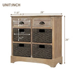 Meuble de rangement rustique avec deux tiroirs et quatre paniers classiques en rotin pour salle à manger/entrée/salon