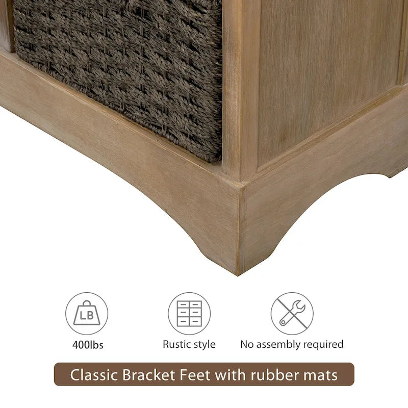 Meuble de rangement rustique avec deux tiroirs et quatre paniers classiques en rotin pour salle à manger/entrée/salon