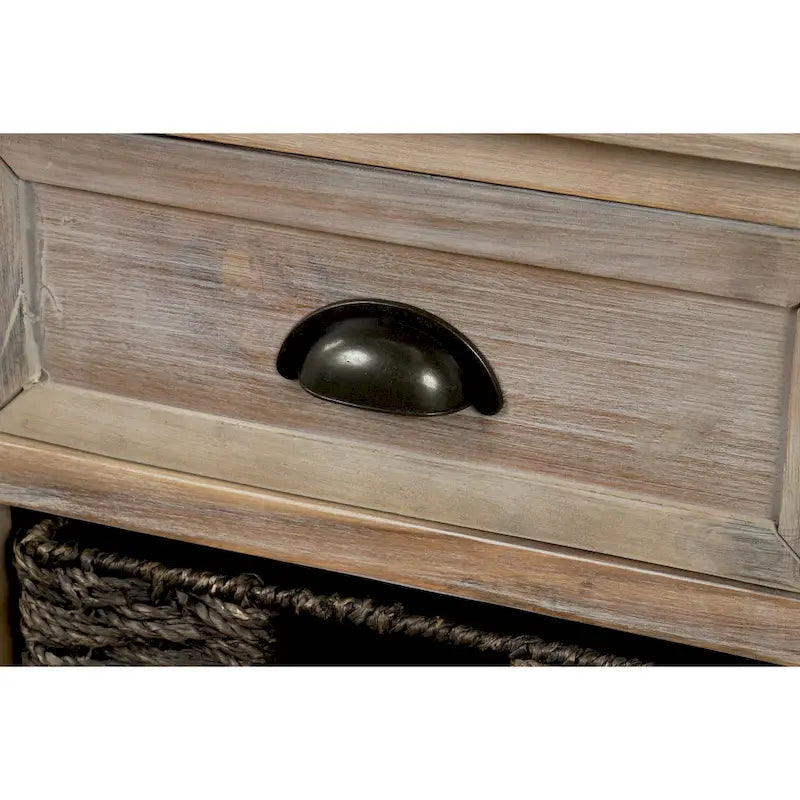 Meuble de rangement rustique avec deux tiroirs et quatre paniers classiques en rotin pour salle à manger/entrée/salon