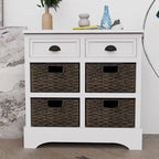 Meuble de rangement rustique avec deux tiroirs et quatre paniers classiques en rotin pour salle à manger/entrée/salon