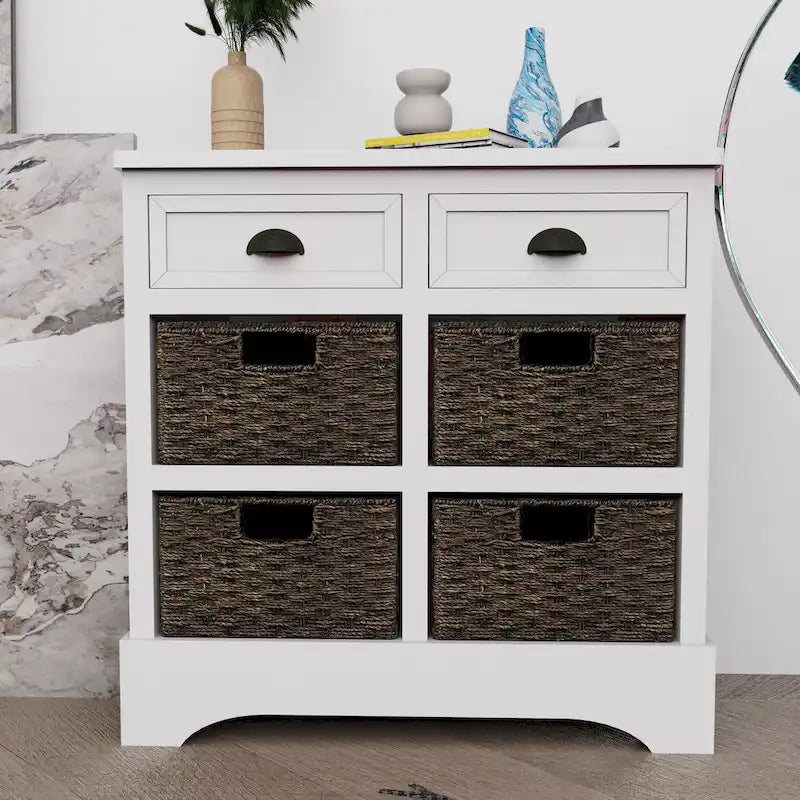 Meuble de rangement rustique avec deux tiroirs et quatre paniers classiques en rotin pour salle à manger/entrée/salon