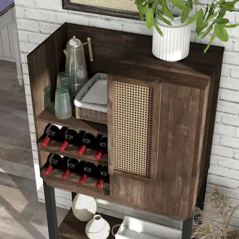 Buffet de cuisine en chêne recyclé Cassini Farmhouse avec 2 étagères ouvertes et casier à vin intégré, par Carbon Loft