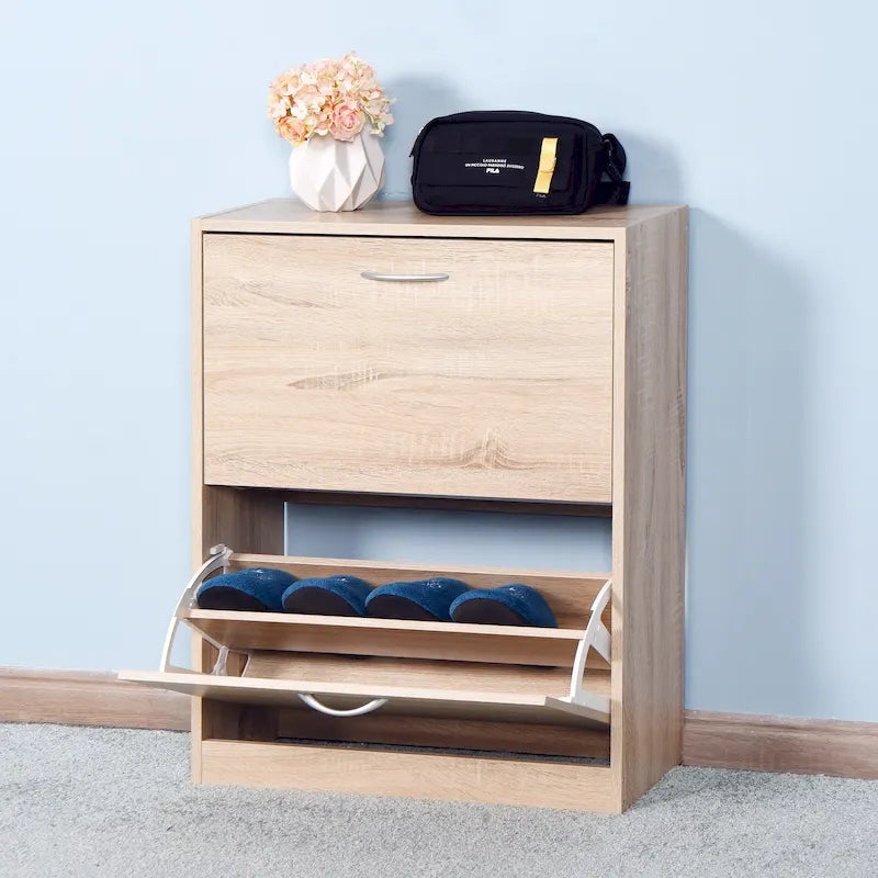Meuble à chaussures en bois pour entrée, meuble de rangement à chaussures blanc avec 2 portes rabattables