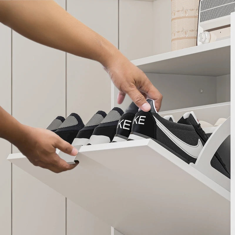 Meuble à chaussures blanc avec miroir pleine longueur, rangement vertical élégant