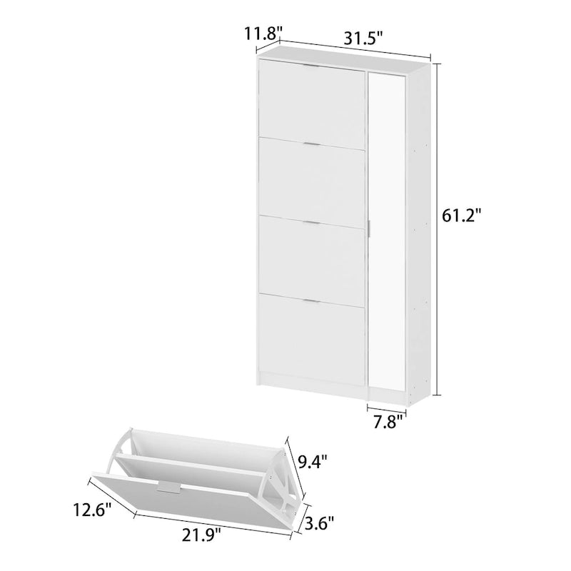 Meuble à chaussures blanc avec miroir pleine longueur, rangement vertical élégant