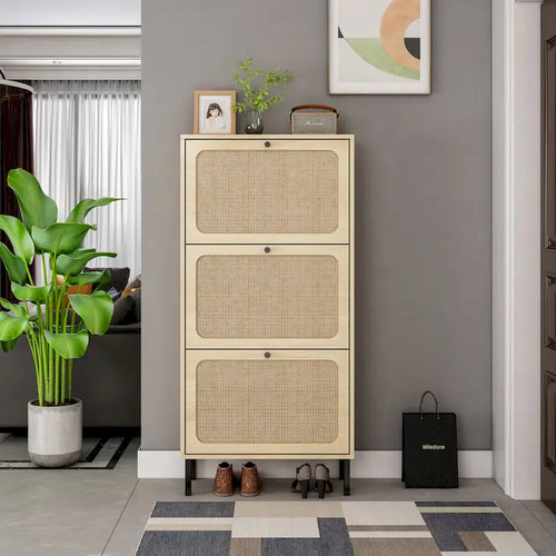 Étagère à chaussures à 3 portes en métal, meuble de rangement à chaussures moderne autoportant en rotin métallique pour entrée
