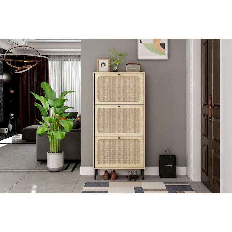 Étagère à chaussures à 3 portes en métal, meuble de rangement à chaussures moderne autoportant en rotin métallique pour entrée