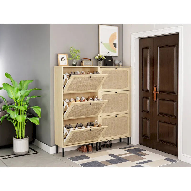 Étagère à chaussures à 3 portes en métal, meuble de rangement à chaussures moderne autoportant en rotin métallique pour entrée
