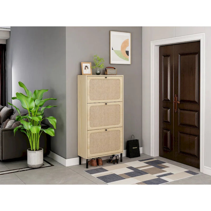 Étagère à chaussures à 3 portes en métal, meuble de rangement à chaussures moderne autoportant en rotin métallique pour entrée