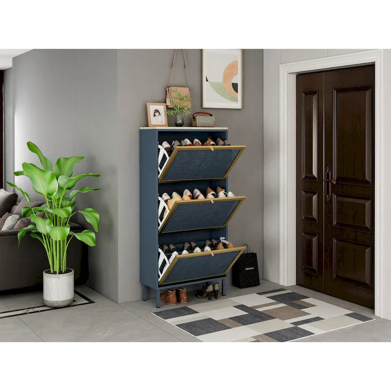 Étagère à chaussures à 3 portes en métal, meuble de rangement à chaussures moderne autoportant en rotin métallique pour entrée