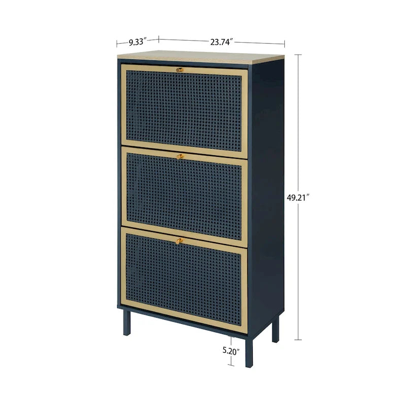 Étagère à chaussures à 3 portes en métal, meuble de rangement à chaussures moderne autoportant en rotin métallique pour entrée