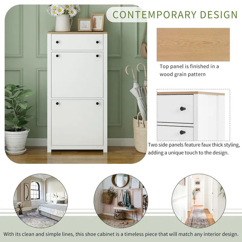 Meuble à chaussures en bois avec 2 tiroirs rabattables et panneau réglable