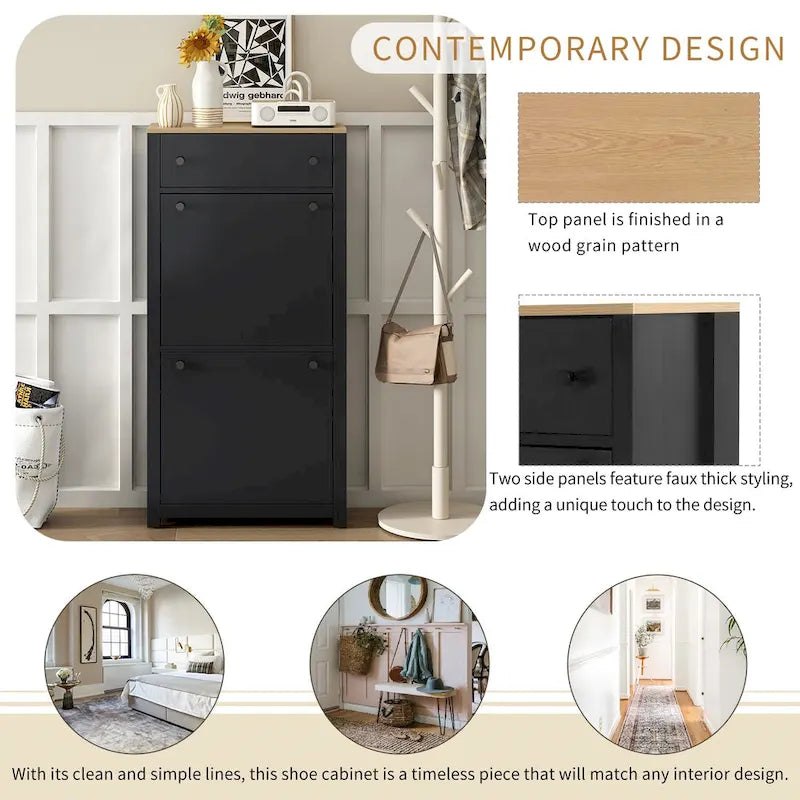 Meuble à chaussures en bois avec 2 tiroirs rabattables et panneau réglable