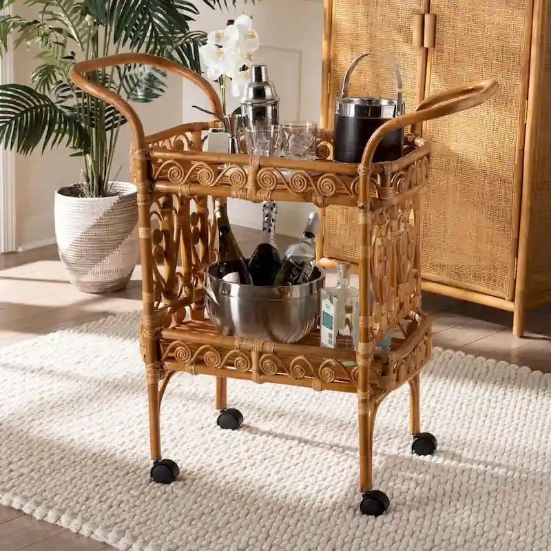 Chariot de cuisine Diwata en rotin marron naturel, style bohème moderne