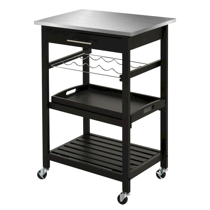 Chariot de cuisine HOMCOM avec plateau en acier inoxydable, casier à vin et tiroir