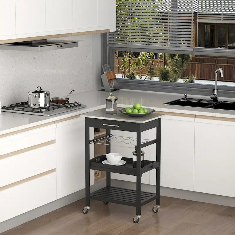 Chariot de cuisine HOMCOM avec plateau en acier inoxydable, casier à vin et tiroir