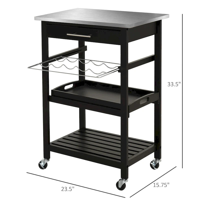 Chariot de cuisine HOMCOM avec plateau en acier inoxydable, casier à vin et tiroir