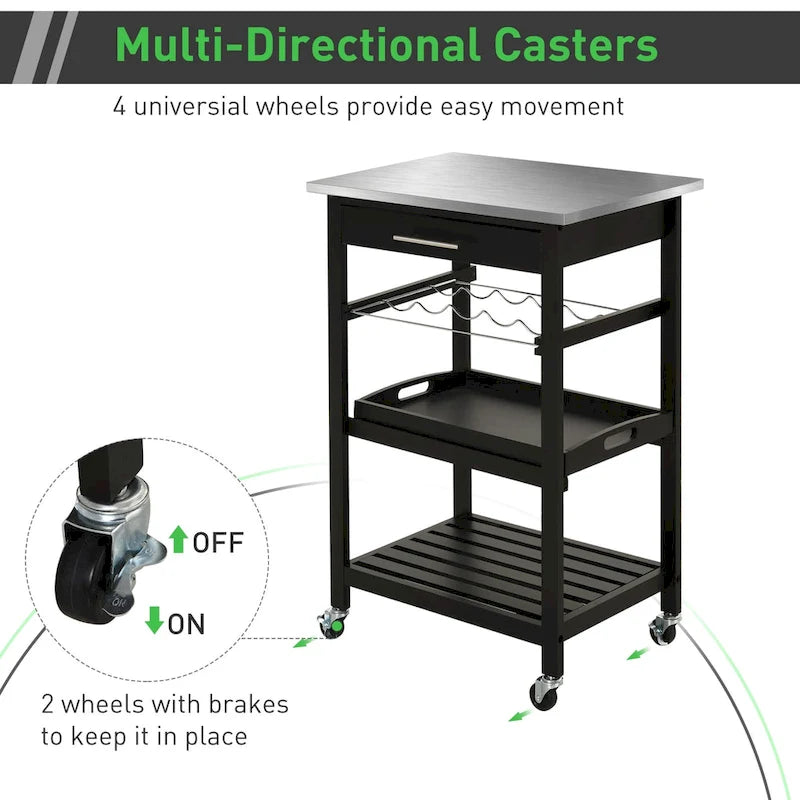Chariot de cuisine HOMCOM avec plateau en acier inoxydable, casier à vin et tiroir