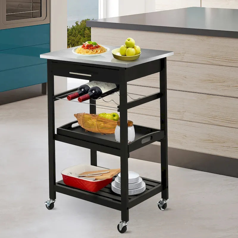 Chariot de cuisine HOMCOM avec plateau en acier inoxydable, casier à vin et tiroir