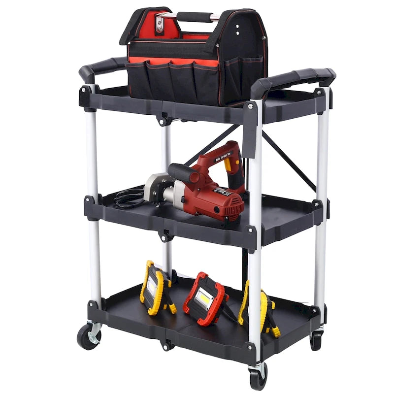 Chariot de service pliable à 3 niveaux, capacité de charge de 22,7 kg par étagère - 65 cm (L) x 39 cm (l) x 83 cm (H)