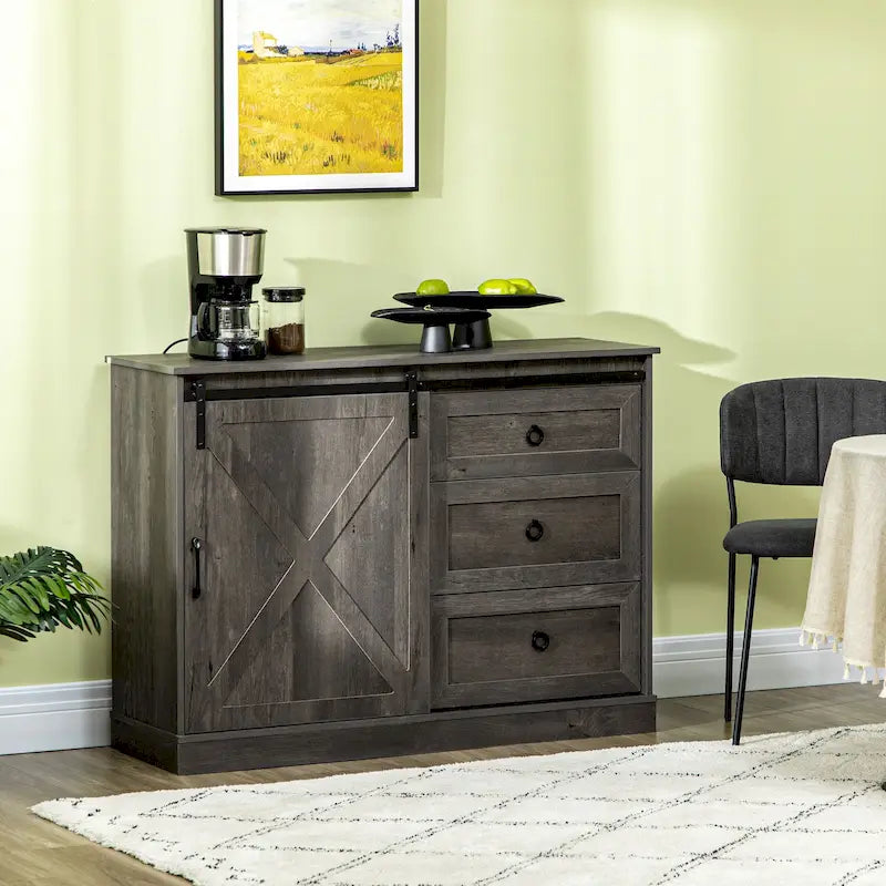 Meuble bar à café HOMCOM style ferme, buffet de cuisine avec porte coulissante de style grange et 3 tiroirs de rangement, gris foncé