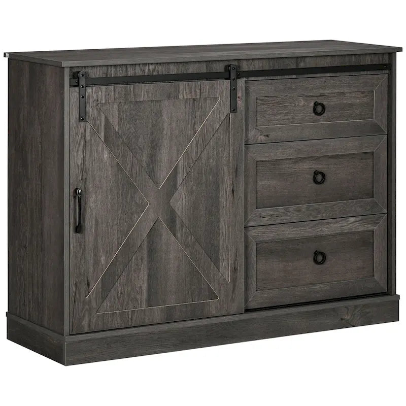 Meuble bar à café HOMCOM style ferme, buffet de cuisine avec porte coulissante de style grange et 3 tiroirs de rangement, gris foncé