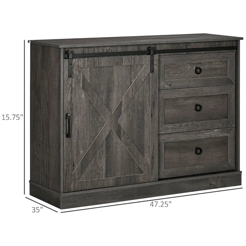 Meuble bar à café HOMCOM style ferme, buffet de cuisine avec porte coulissante de style grange et 3 tiroirs de rangement, gris foncé