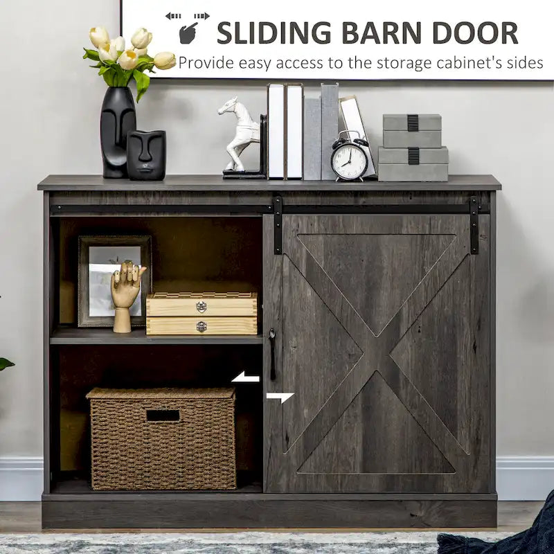 Meuble bar à café HOMCOM style ferme, buffet de cuisine avec porte coulissante de style grange et 3 tiroirs de rangement, gris foncé