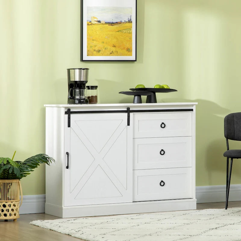 Meuble bar à café HOMCOM style ferme, buffet de cuisine avec porte coulissante de style grange et 3 tiroirs de rangement, gris foncé