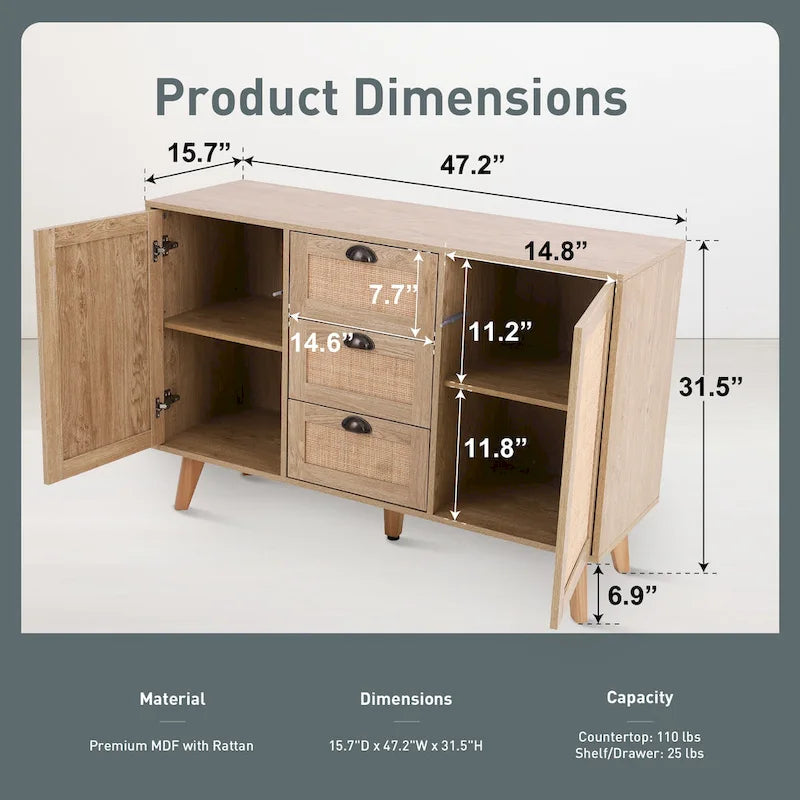 Meuble de rangement d'appoint en rotin avec tiroirs pour salon