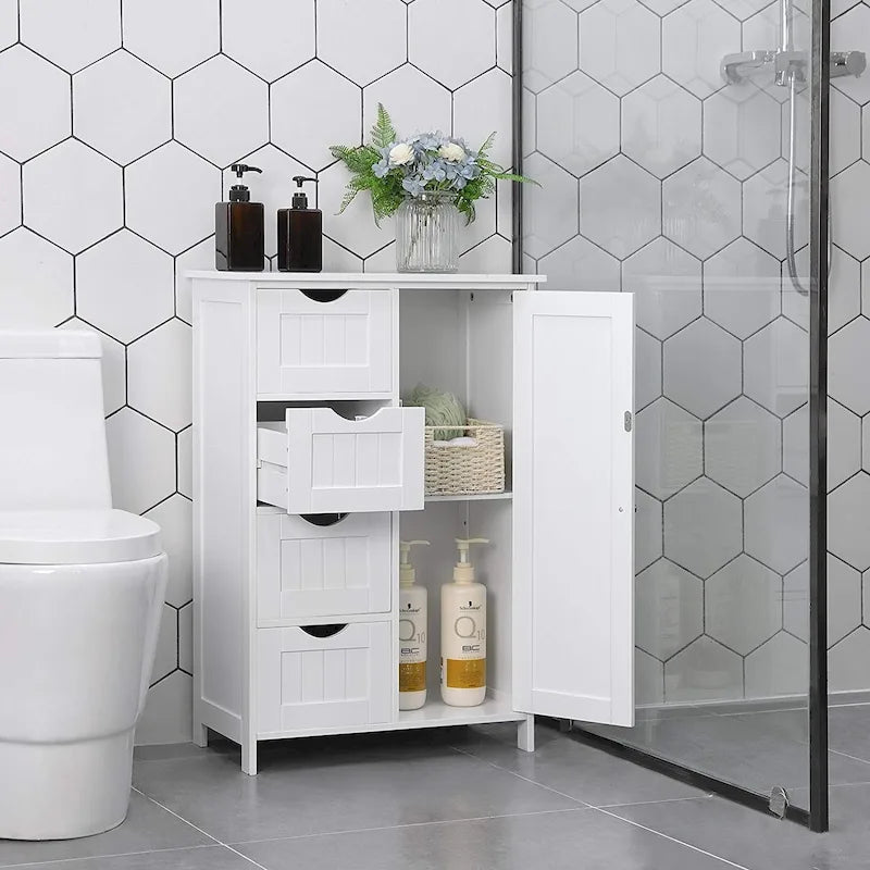 Meuble de rangement blanc pour salle de bain, meuble bas avec étagère réglable et tiroirs