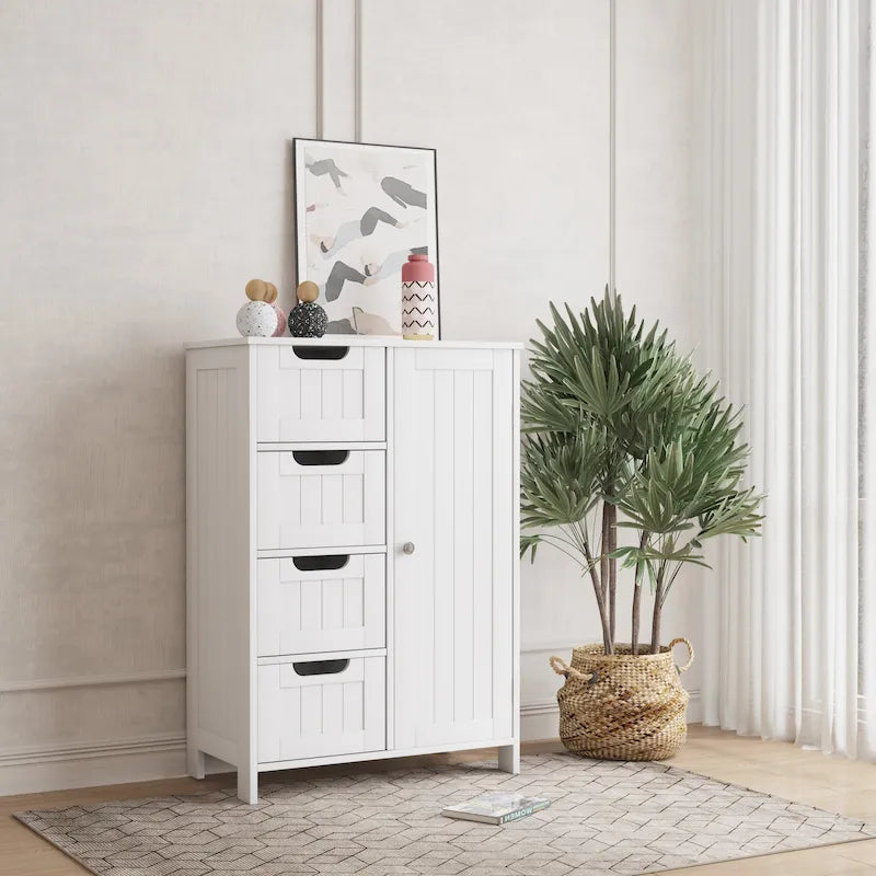 Meuble de rangement blanc pour salle de bain, meuble bas avec étagère réglable et tiroirs
