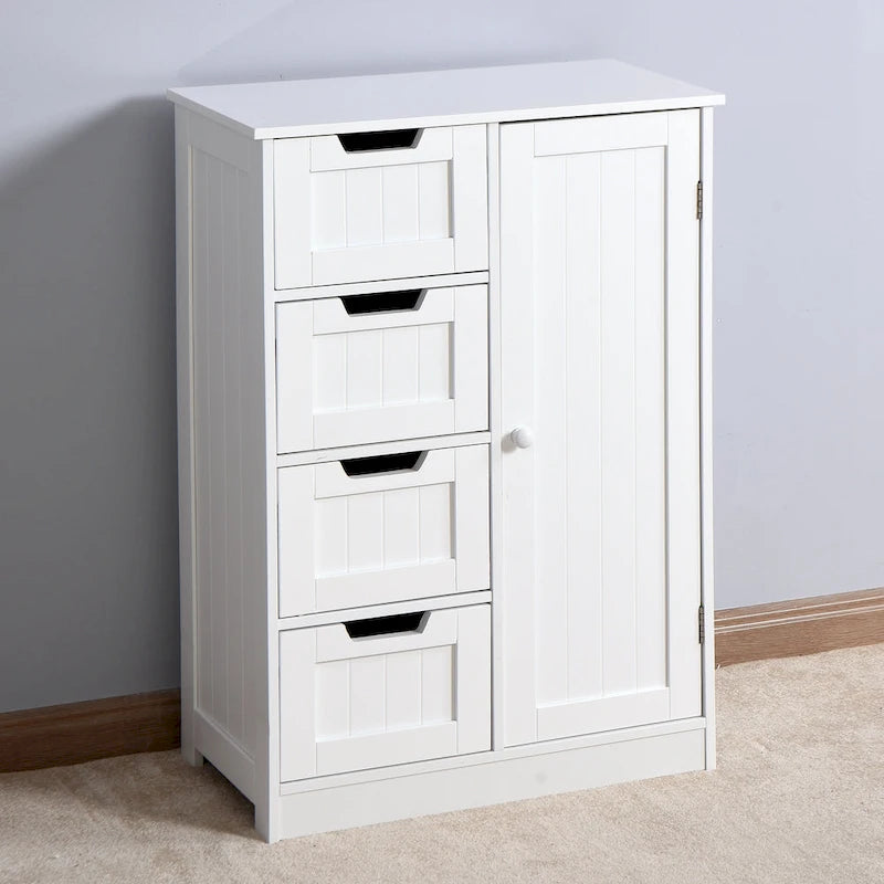 Meuble de rangement blanc pour salle de bain, meuble bas avec étagère réglable et tiroirs
