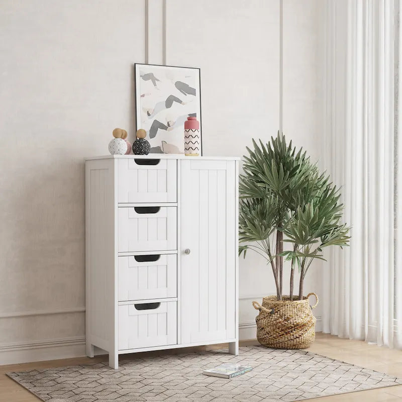 Meuble de rangement blanc pour salle de bain, meuble bas avec étagère réglable et tiroirs