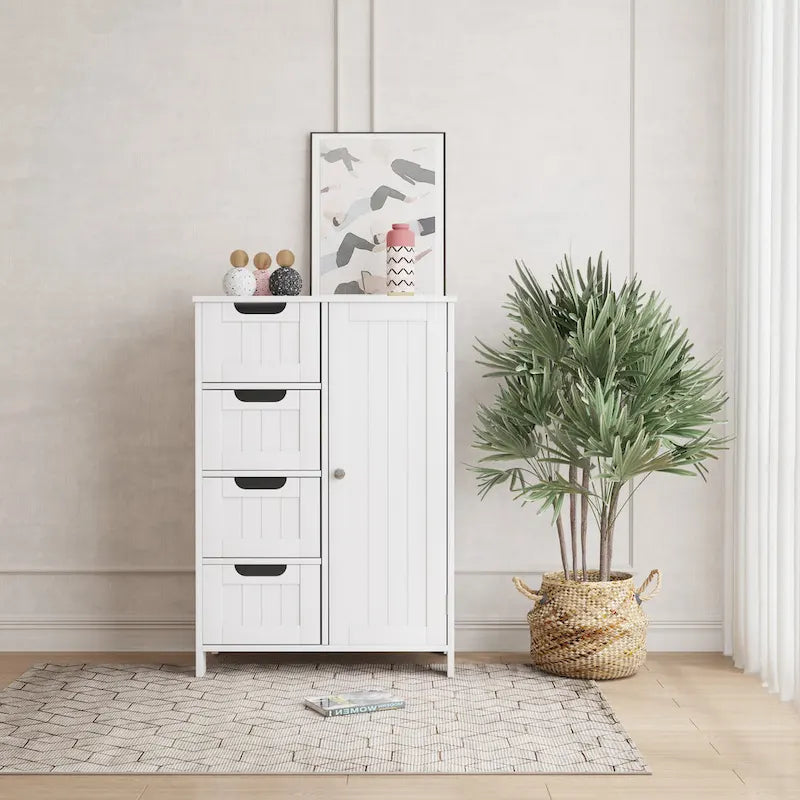Meuble de rangement blanc pour salle de bain, meuble bas avec étagère réglable et tiroirs