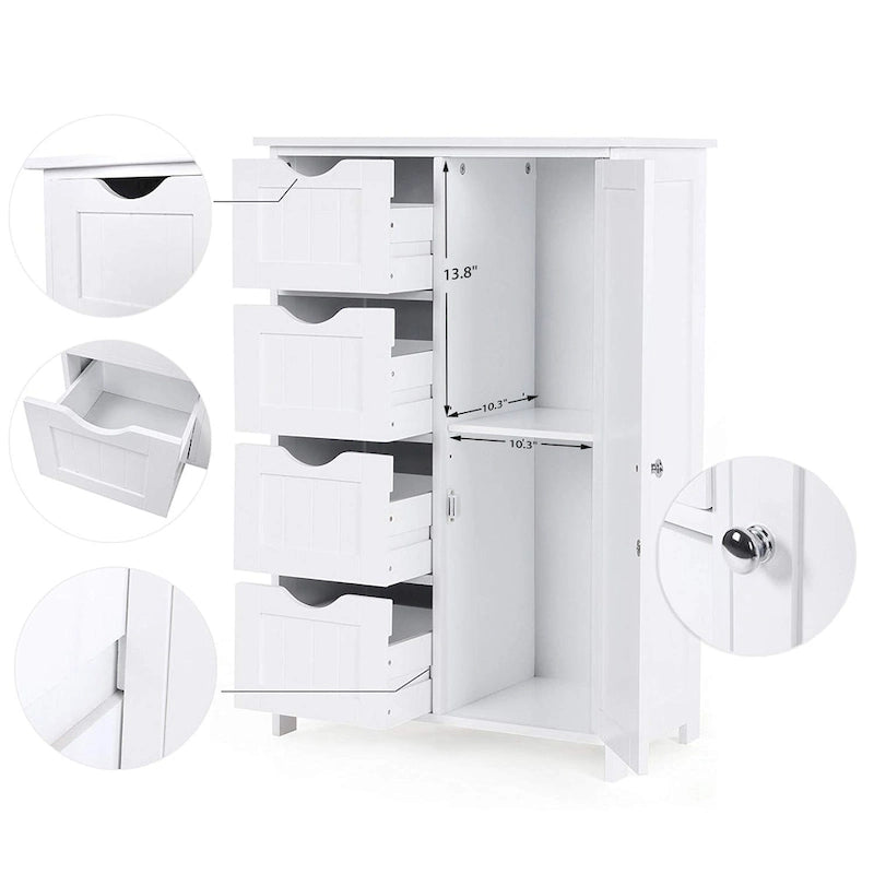 Meuble de rangement blanc pour salle de bain, meuble bas avec étagère réglable et tiroirs