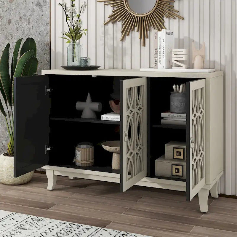 Buffet à 3 portes miroir avec portes vitrées pour salle à manger