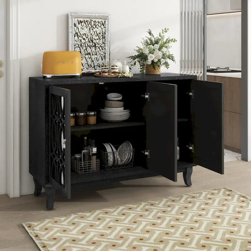 Buffet à 3 portes miroir avec portes vitrées pour salle à manger