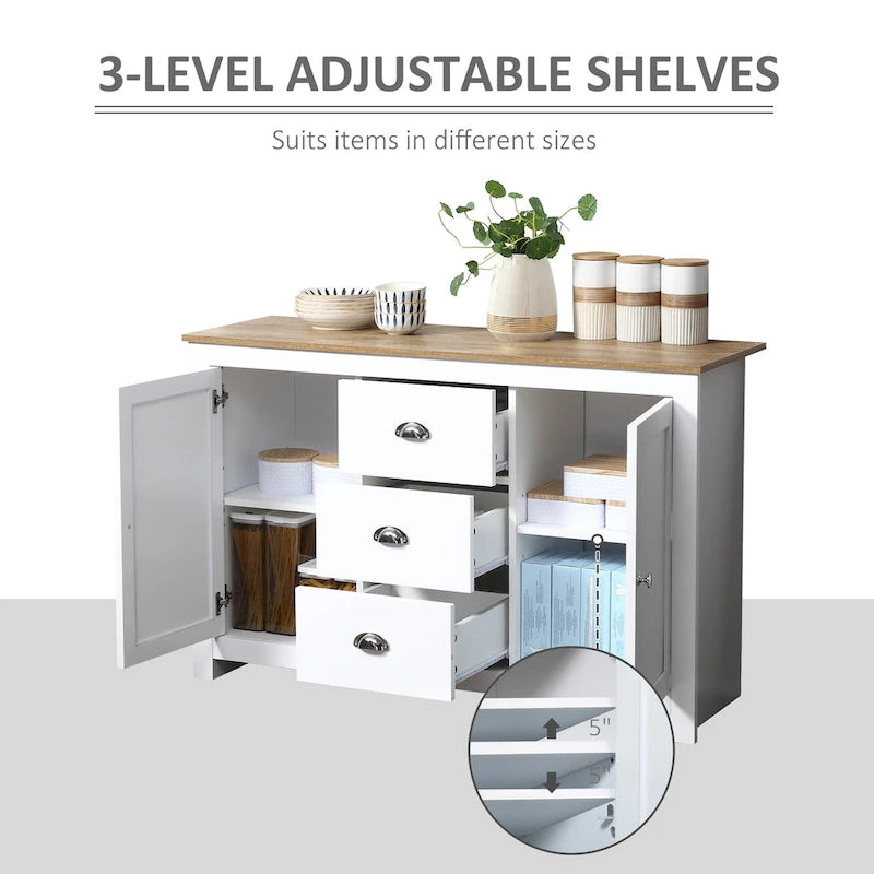 Buffet de cuisine HOMCOM avec étagères réglables, meuble de rangement avec 3 tiroirs