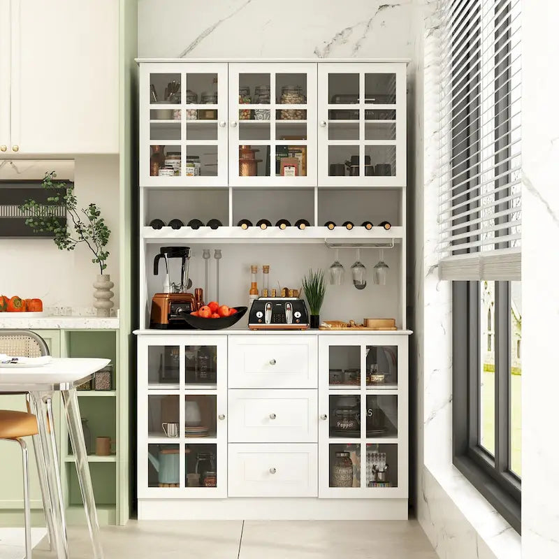 78.9Pantry Buffet White Buffet with Wine Glass Rack Drawer and Hutch