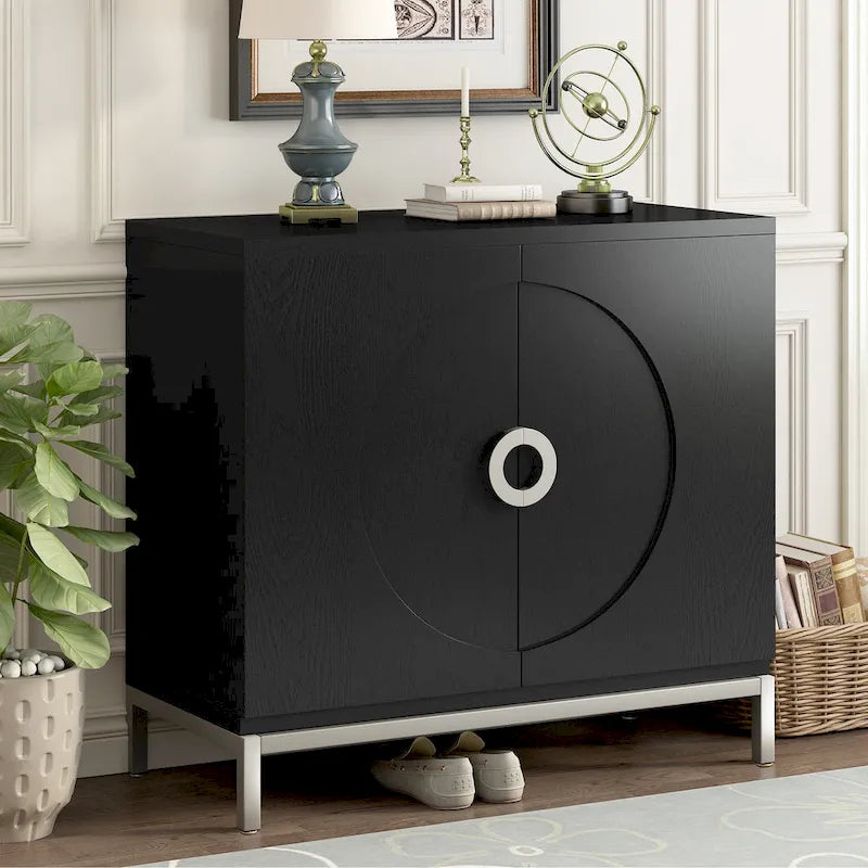 Meuble de rangement simple, meuble d'appoint avec placage en bois massif et structure en métal pour salon, entrée, salle à manger