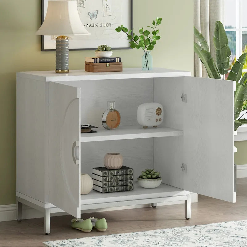 Meuble de rangement simple, meuble d'appoint avec placage en bois massif et structure en métal pour salon, entrée, salle à manger