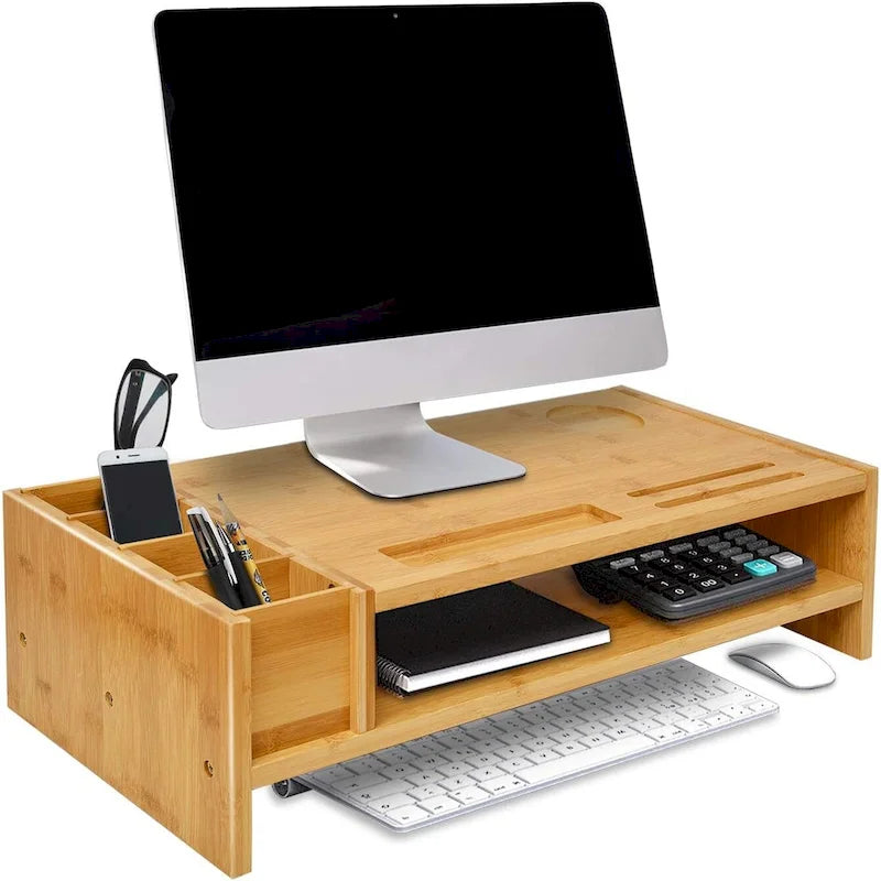 Support de bureau en bois pour écran d'ordinateur avec tiroir