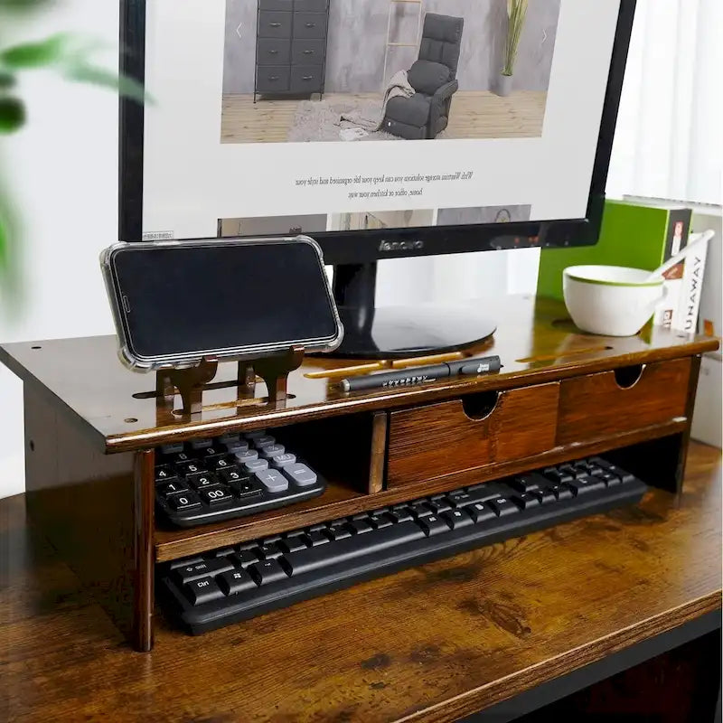 Support de bureau en bois pour écran d'ordinateur avec tiroir
