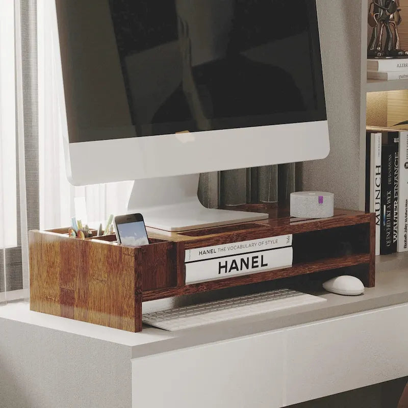 Wood Computer Monitor Stand Desktop Organizer with Drawer
